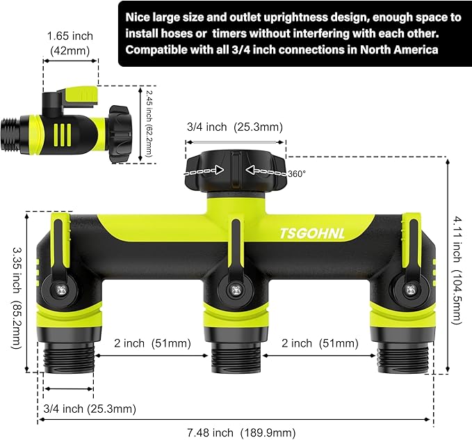 Garden Hose Splitter, 3/4-Inch Hose Manifold, Outdoor Faucet Adapter - Soft TPR Covering - Lightweight Non-Slip Sun-Resistant 3-Way Valve（green）