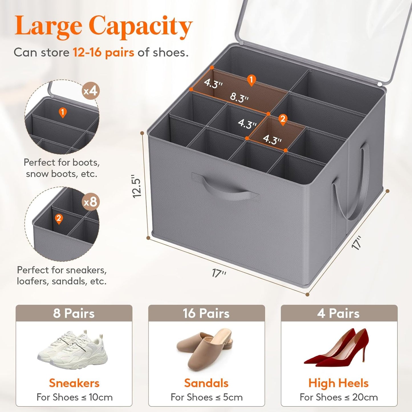 Lifewit Shoe Storage Organizer for Closet Fits 12-16 Pairs, Fabric Large Shoe Box Storage Containers with Clear Cover, Foldable Bins Fit for Boots Heels Sneakers 17"(L) x 17"(W) x 12.5"(H) 1 Pack Gray