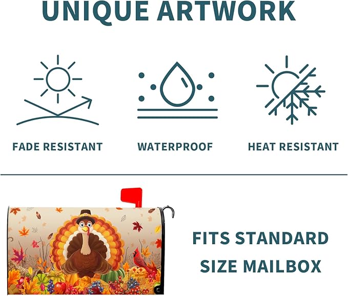Thanksgiving Turkey Mailbox Covers Magnetic Standard Size 21" X 18" Fall Harvest Fruit Letter Post Wraps Cardinal Maple Leaves Decorative Holiday Postbox Covers for Home Outdoor Garden Yard