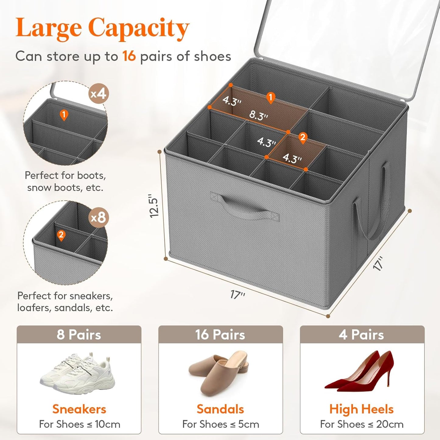 Lifewit Shoe Storage Organizer for Closet Fits 12-16 Pairs, Fabric Large Shoe Box Storage Containers with Clear Cover, Foldable Bins Fit for Boots Sneakers 17"(L) x 17"(W) x 12.5"(H) 3 Pack Light Gray
