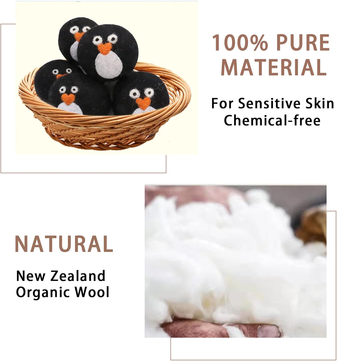 Pack of 6 Wool Dryer Balls, Muulaii Reusable Fabric Softener, Extra Large, Black Penguin