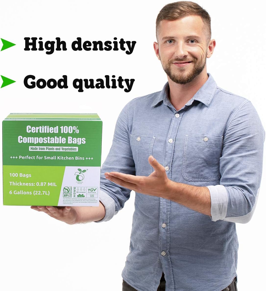 Primode Compostable Bags, 6 Gallon Food Scraps Yard Waste Bags, 100 Count, Extra Thick 0.87 Mil. ASTMD6400 Compost Bags Small Kitchen Trash Bags, Certified By BPI And TÜV AUSTRIA,