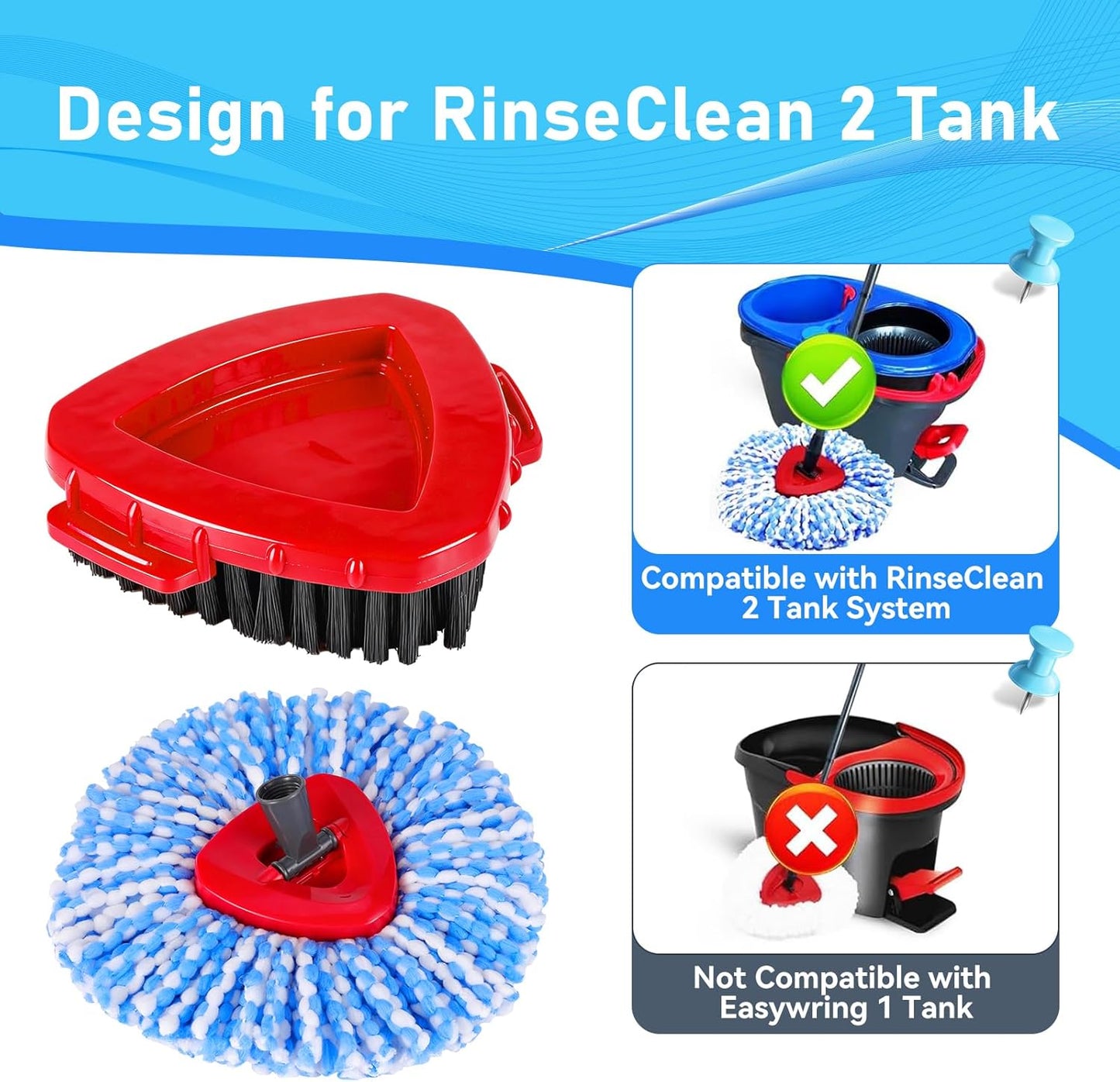 7 Pack Spin Mop Head for O-Ceda RinseClean 2 Tank System, 4 Triangle Microfiber Mop Replacement Refills, 2 Upgraded Scrub Brush & Base Head Deep Clean Mop Head for Home Office Bathroom