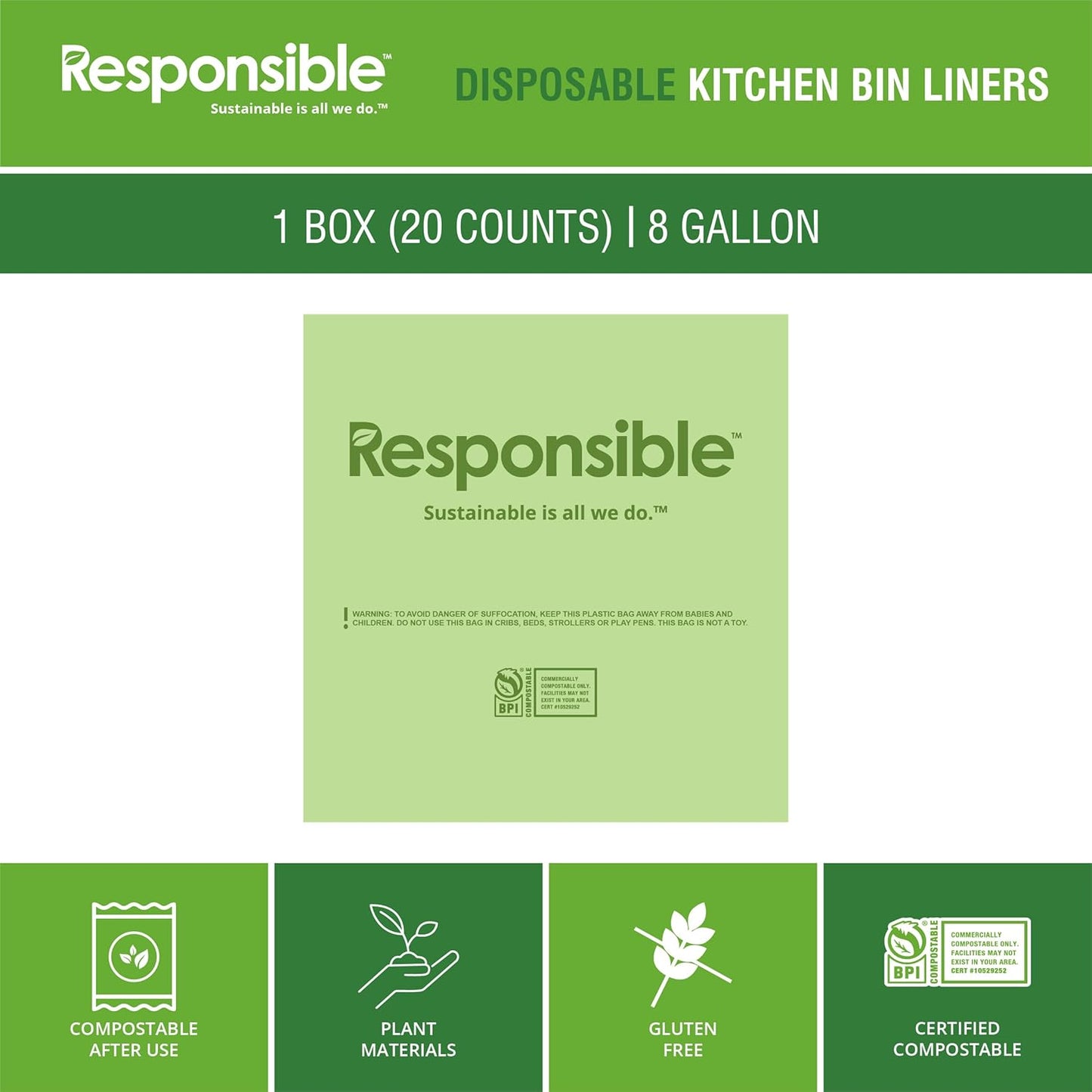 Responsible Products Kitchen Bin Liners, Certified Compostable, Heavy Duty Multipurpose Food Scrap Bags, Made from Compostable Materials (8 Gallon, 8 Gallon (20 Count))