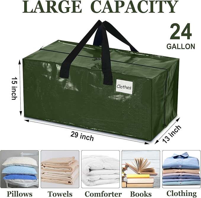 4 Pcs 24 Gallon Large Moving Bags with Zipper and Handles Foldable Storage Duffle Bags Heavy Duty Extra Large Totes for College Dorm Travel Clothes Blankets Bedding Moving (Green)