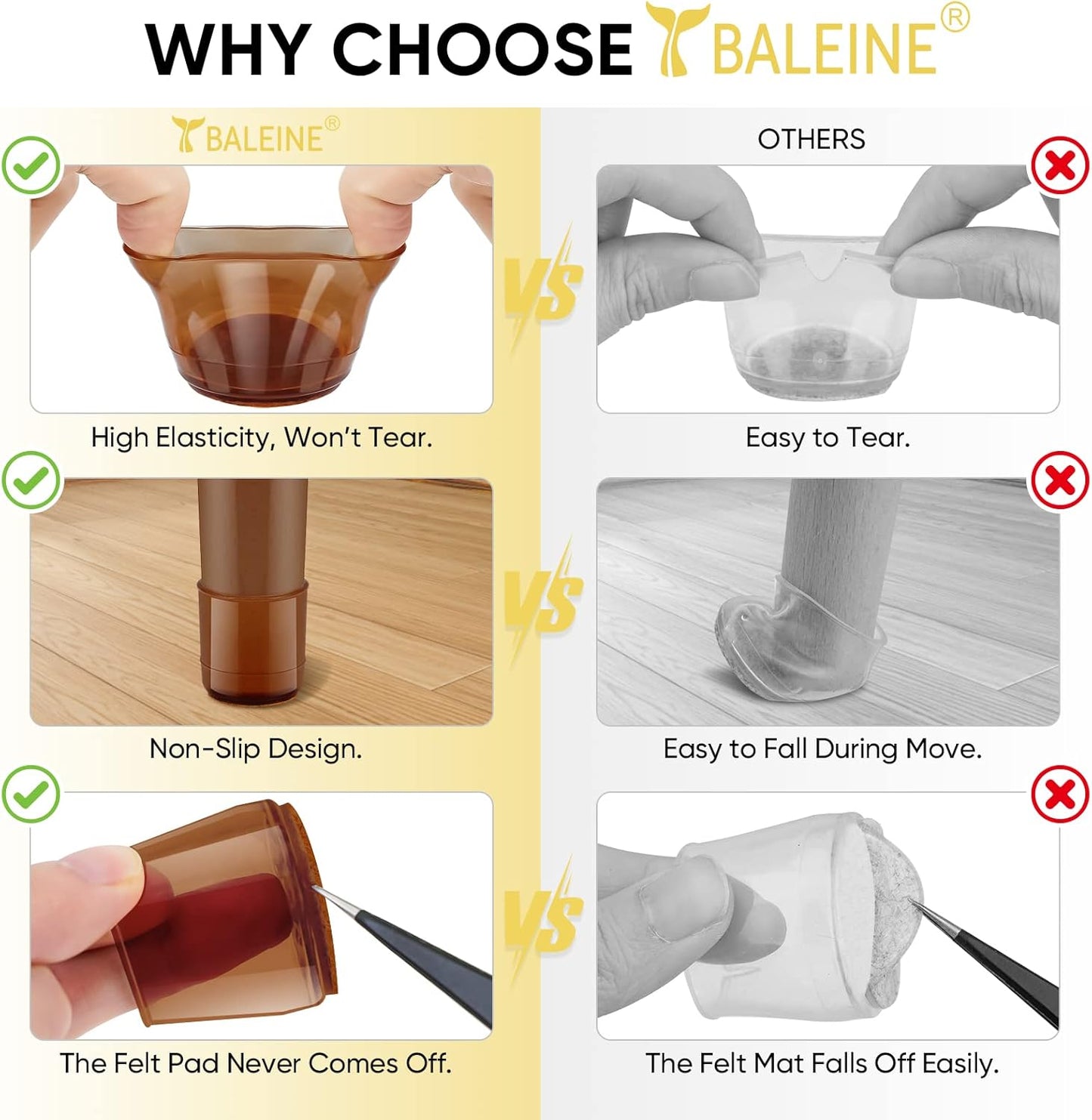 BALEINE 32 Pack Silicone Chair Leg Floor Protectors, Stool Leg Protectors Cap, Non-Slip Chair Leg Caps for Hardwood Floors (Brown & Small, 32 Pack)