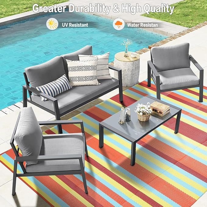 Outdoor Waterproof Rug 6'x9' Plastic Straw Rugs Washable Reversible Floor Mat Rainbow Stripe Carpet for Camping RV Deck Entryance Porch Picnic Balcony Beach Backyard