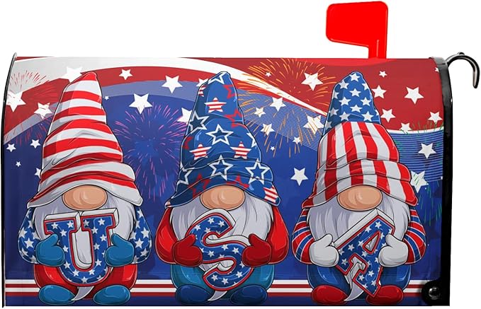 Patriotic Gnomes USA Flag Mailbox Cover Magnetic Independence Day July 4th Mailbox Covers Standard 21" x18’’ Happy Holiday Waterproof Post Box Cover Wraps for Outdoor Garden Yard Home Decor