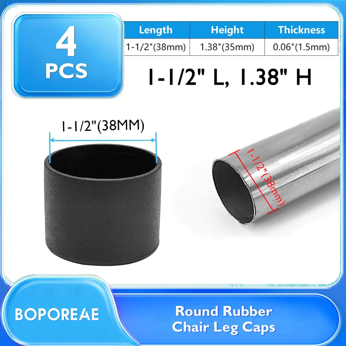 4 Pcs 1-1/2" Round Rubber Chair Leg Caps, PVC Table Leg Covers, Flexible & Anti-Slip Furniture Leg End Caps, Chair Leg Floor Protectors for Bar Stool Leg Patio Indoor, Black