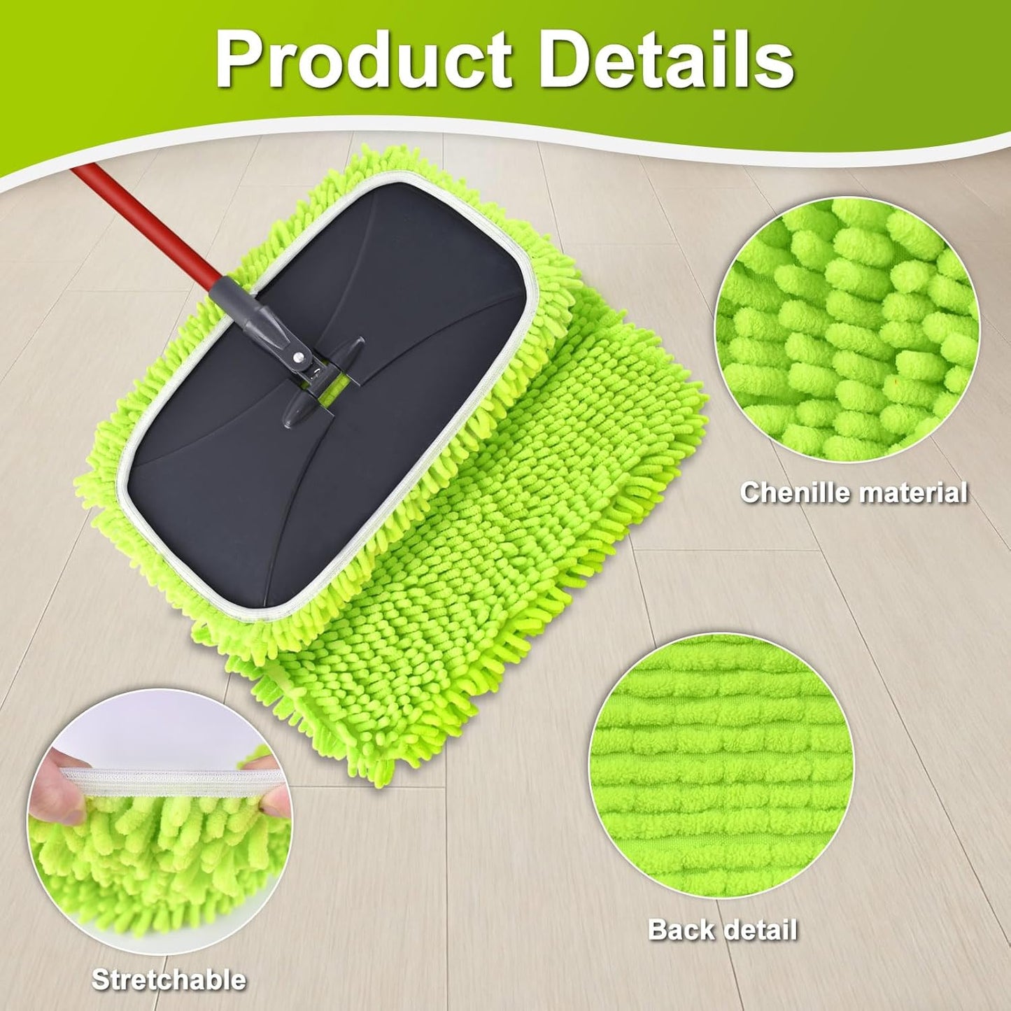 Mops for Floor Cleaning, Dust Mop for Hardwood Floors, Extra Large Floor Mop with Extendable Handle and 3 Reusable Chenille Mop Pads, Flat Dust Mops for Hardwood, Marble, Vinyl, Tile Floors Cleaning
