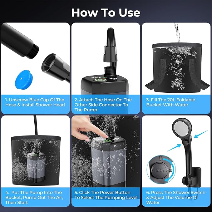 Portable Shower for Camping, 7800mAh Rechargeable Camping Shower Pump with 3 Spray Modes & 5-Gallon Collapsible Bucket, Outdoor Shower Kit for Hiking, RV, Travel, Pet Bath, Watering Plants