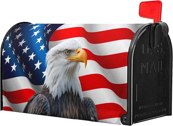 USA Flag Bald Eagle Patriotic Mailbox Cover 4th of July American Flag Magnetic Mailbox Covers Happy Independence Day Waterproof Post Letter Box Wraps for Outdoor Garden Yard Home 25.5x21 in