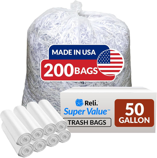 Reli. Premium 50 Gallon Trash Bags | 200 Count | Made in USA | Heavy Duty | Bulk | SuperValue | Clear Multi-Use Garbage Bags