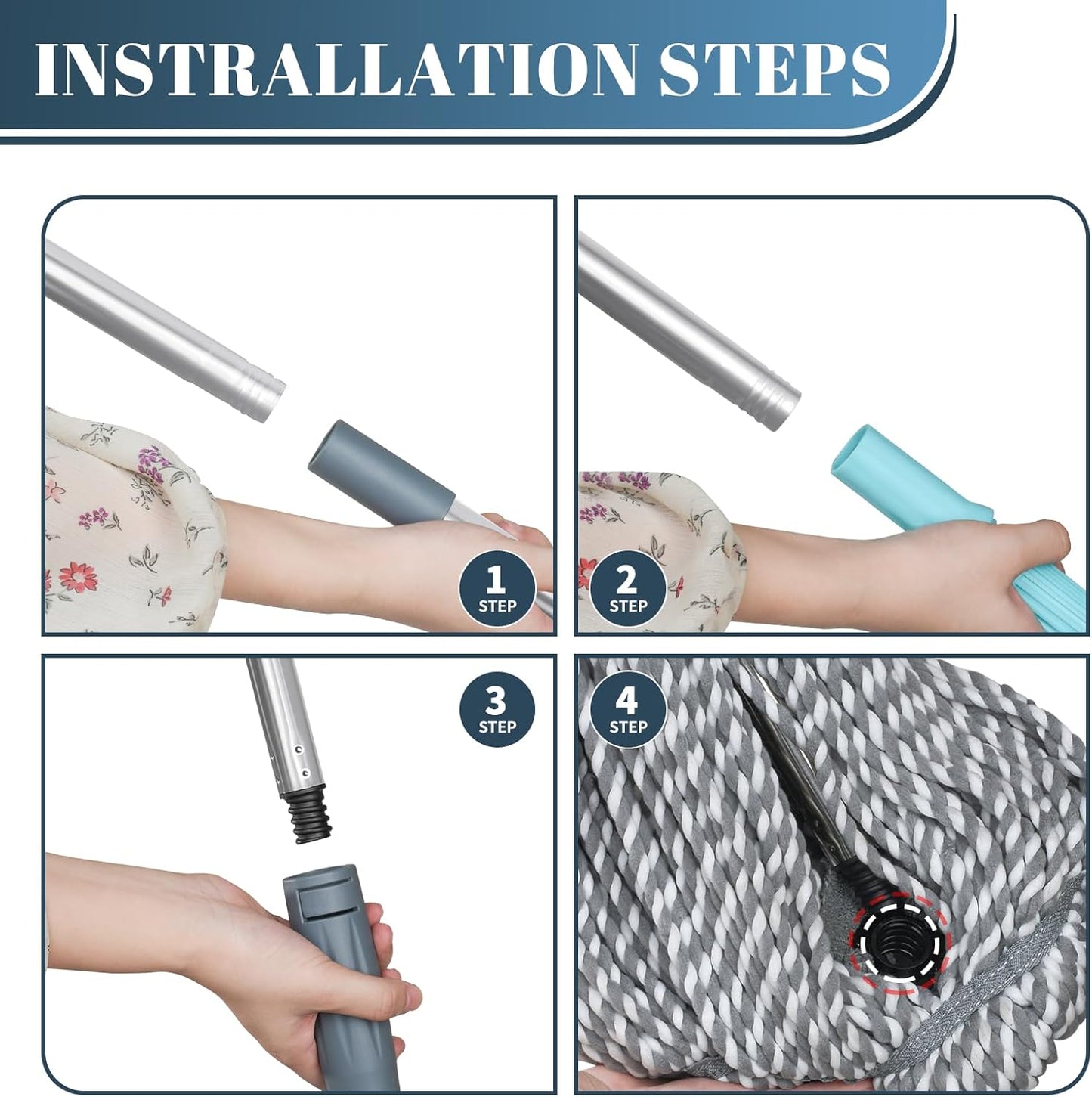 Self-Wringing Twist Mop for Floor Cleaning, Long Handled Microfiber Floor Mop with Top Scouring Pad for Kitchen, Hardwood, Restaurant, Bathroom, Garages, Warehouses, Office, 64-inch , Grey