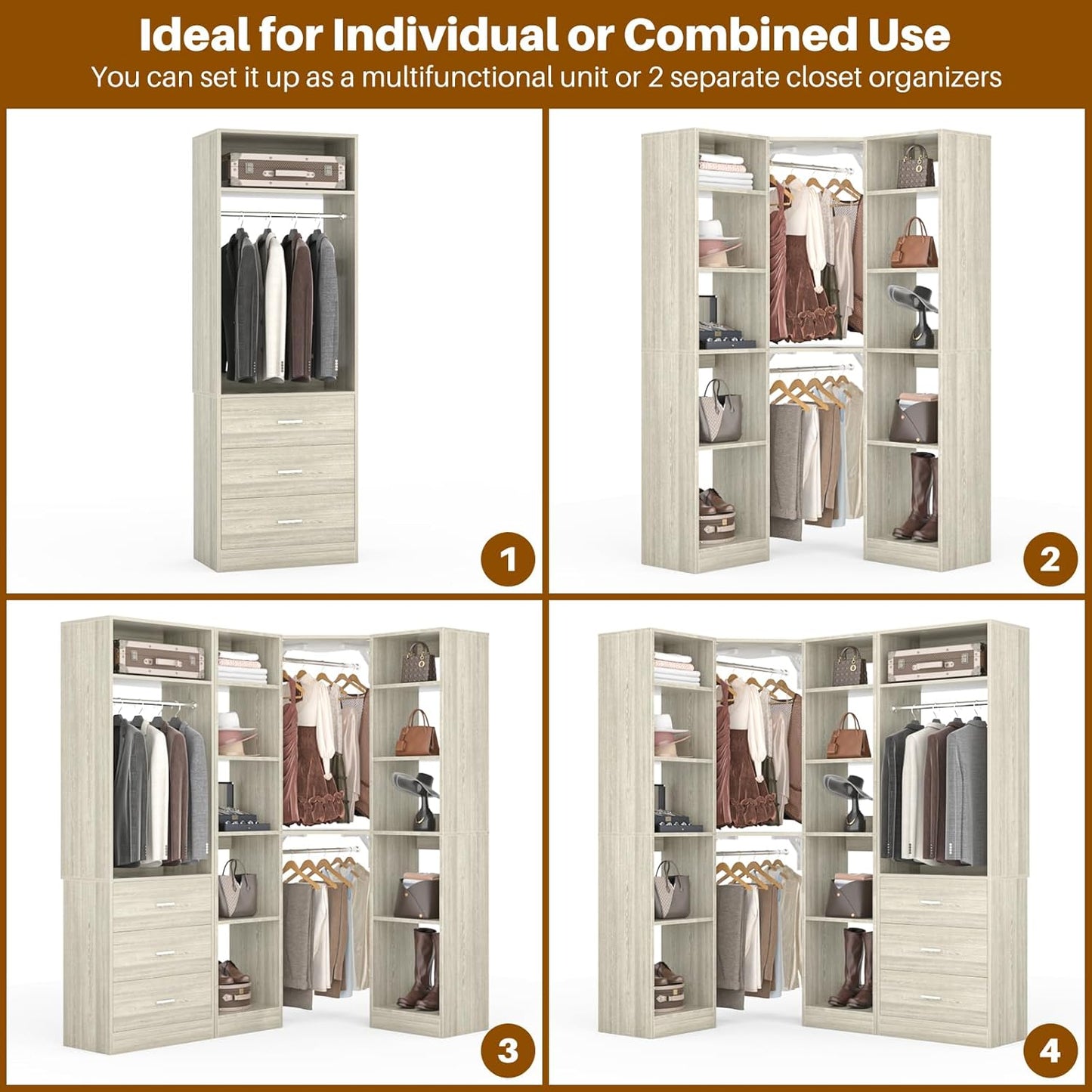 Corner Closet System with 3 Drawers, Corner Closet Organizer System with 13 Shelves & 3 Hanging Rods, 63.2"L * 39.2"W Reversible L Shaped Walk-in Closets, Load 2000+LBS, White Oak