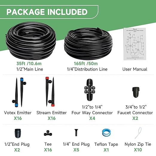 Quick-Connect 200FT Drip Irrigation System Kit, Automatic Garden Plant Watering System for Greenhouse, Yard, Lawn, with 1/2 inch 1/4 inch Irrigation Tubing Hose and Accessories
