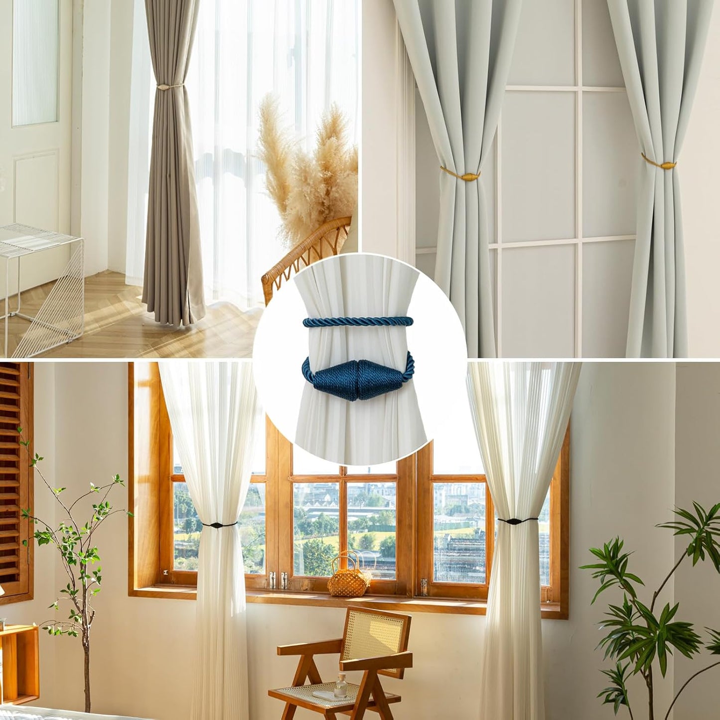 Magnetic Curtain Tiebacks 6 Pack Outdoor Rope Curtain Tie Backs Decorative Window Treatment Holdbacks for Home Decorative Curtain, Blue