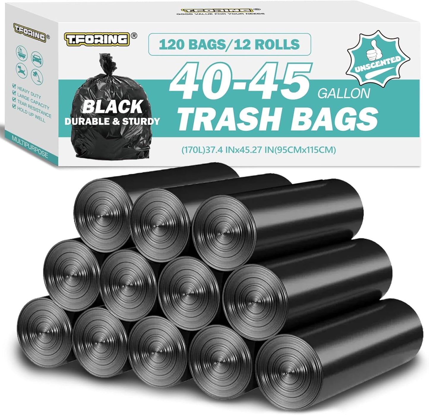 40-45 Gallon Black Trash Bags 120 Count - 37''x45'' Large Garbage Bags Unscented, 40+ Gallon Trash Can Liners, Multipurpose for Office, Outdoor, Recycling and Commercial