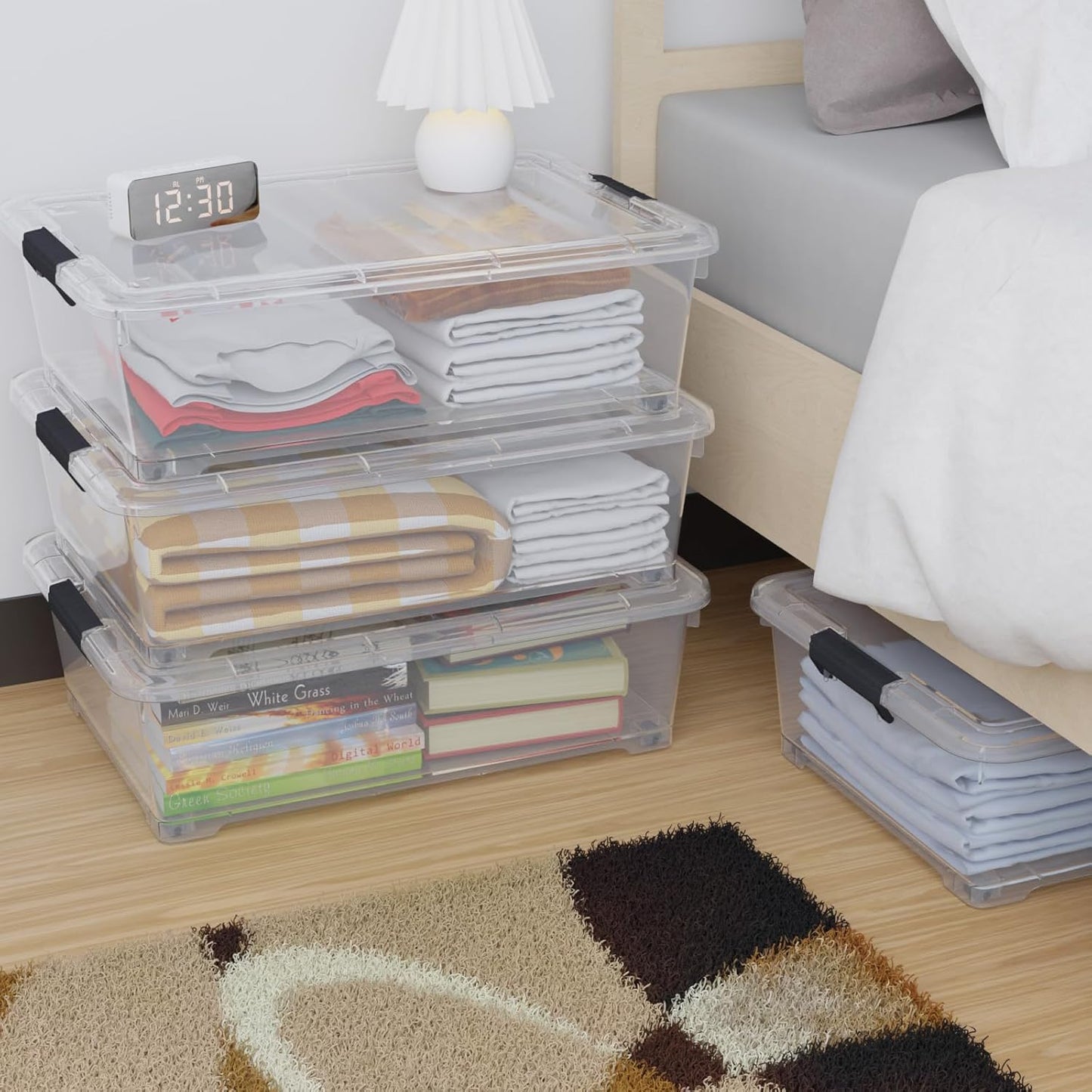 4-Pack 25L Plastic Under Bed Storage Organizer Bin Container with Latch Lids and Wheels, Clothes Storage Box Rolling Underbed, Clear