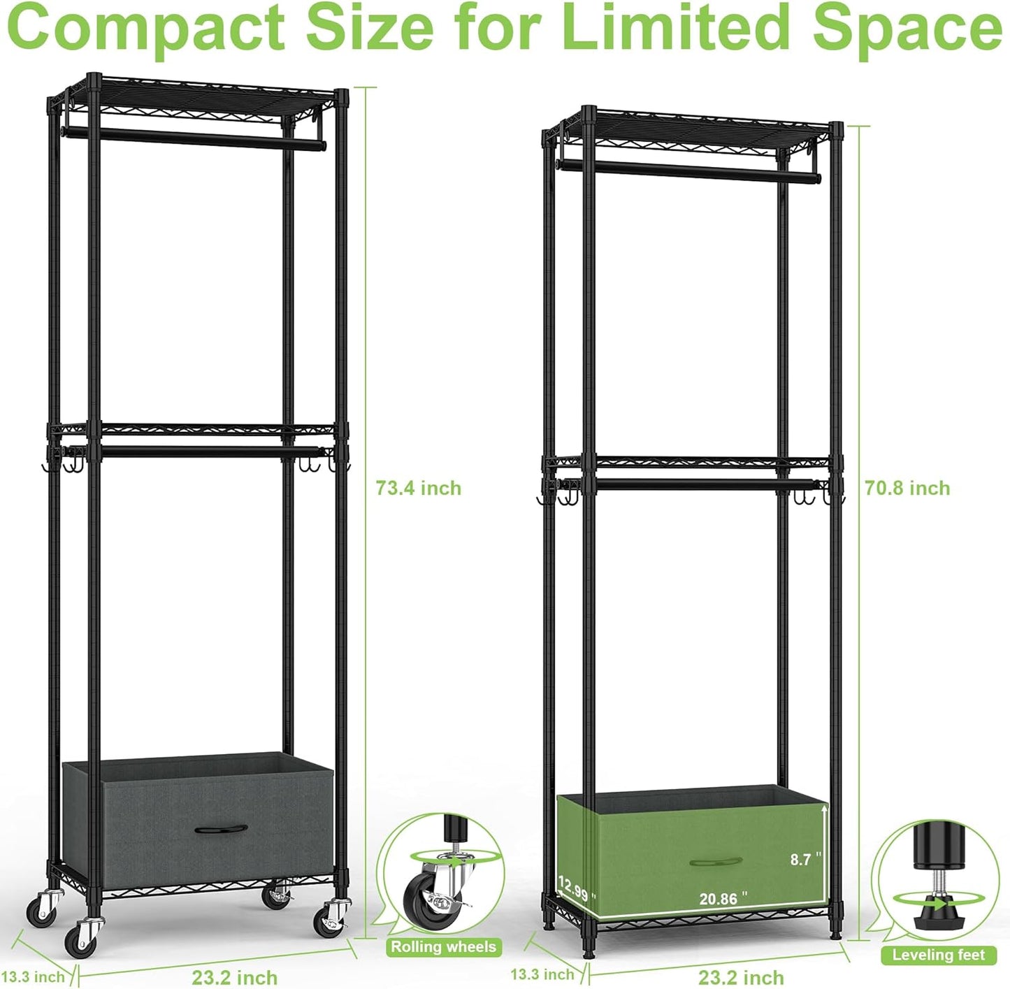 Clothes Rack with Drawers, Freestanding Rolling Garment Rack for Hanging Clothes, Closet Organizer Adjustable Metal Wire Shelving Wardrobe with Rods Portable Closet Shelf with Wheels, Black