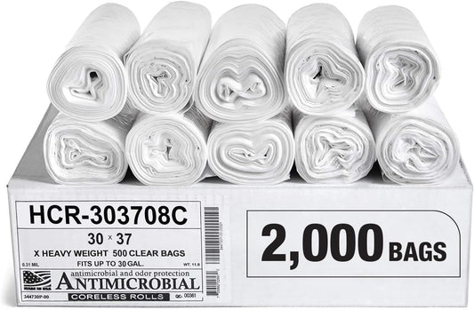 Aluf Plastics High Density Trash Bags, 30 Gallon, 2000 Count, 8 Micron (eq), 30" x 37", Clear, for Bathroom, Office, Industrial, Commercial, Janitorial, Municipal, Recycling