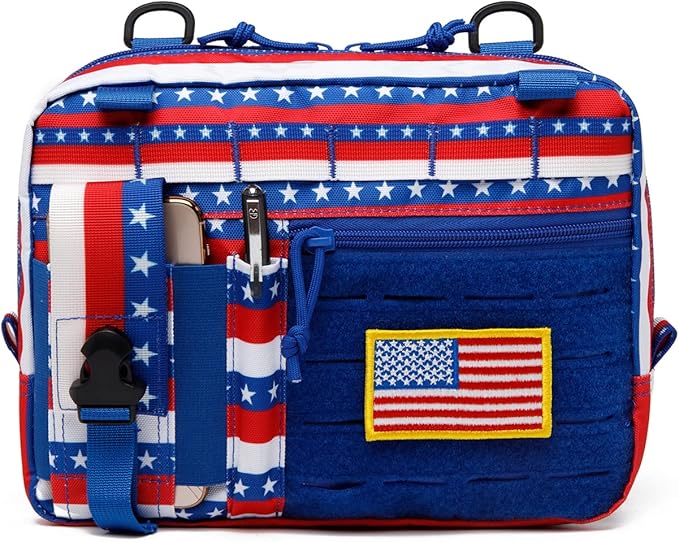 Tactical Molle Admin Pouch of Laser Cut Design,Medical EMT Organizer with Phone Pouch,EDC EMT Pack IFAK Tool Holder with US Patch (Large RedBlueStar-Without Accessories)