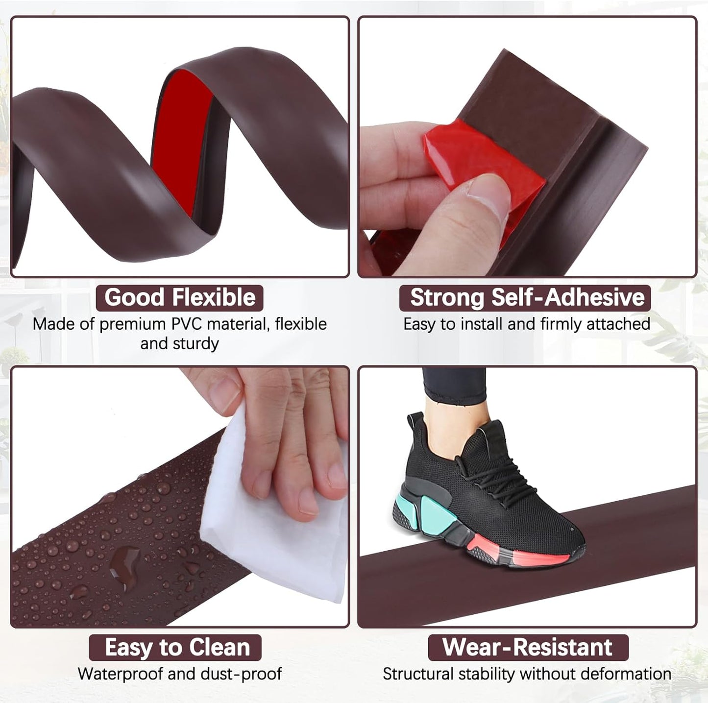 Vinyl Door Threshold Flooring Transition Strip Self Adhesive Carpet Edging Strip for Laminate Doorway Edge Threshold from 2/5" to 3/5" (Coffee, 10 Ft)