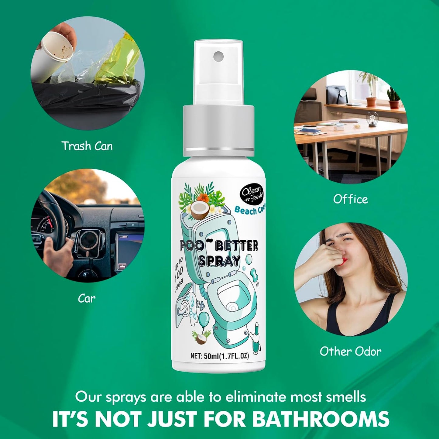 Clean-n-Fresh Toilet Spray, Variety 3 Pack - Ocean Mist/Eucalyptus/Beach Coco, Bathroom & Toilet Odor Elimination, Travel Size Toiletries, Total 5.1 Fl Oz