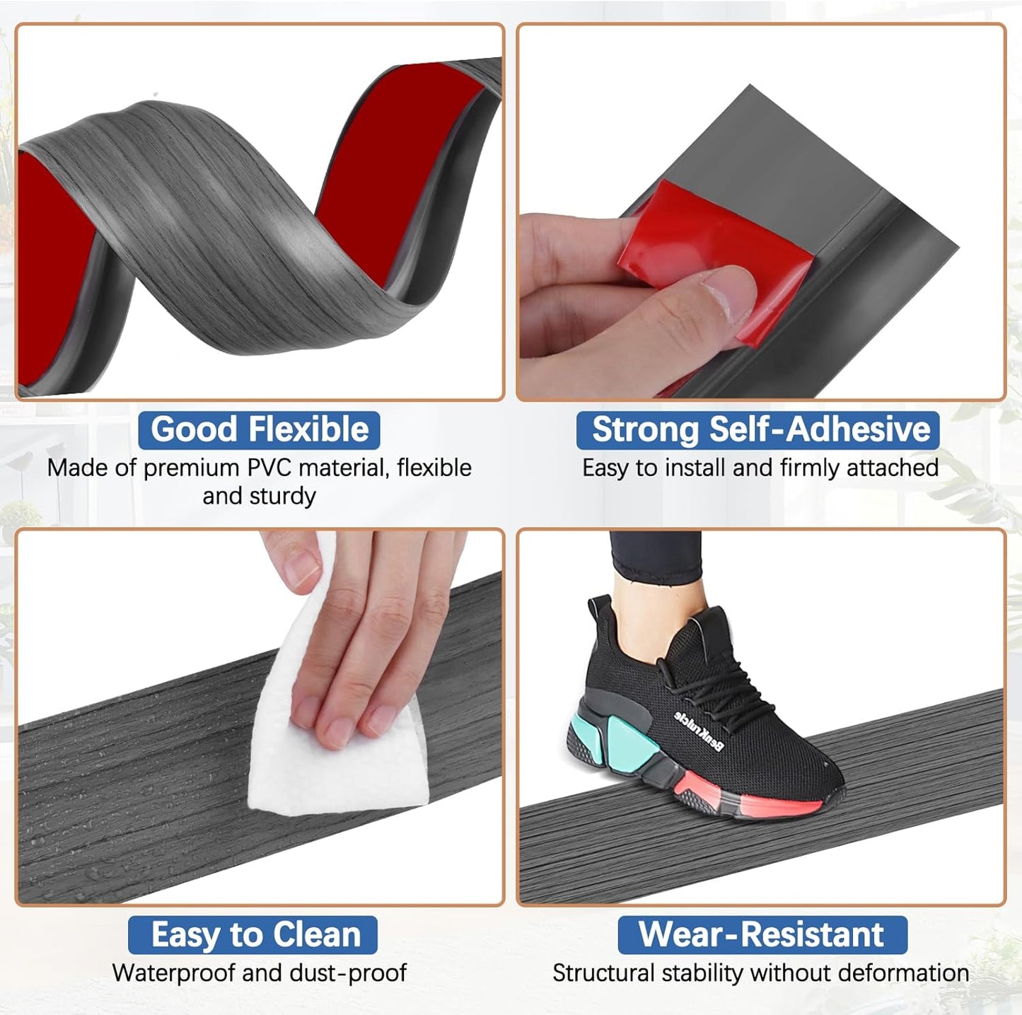 Vinyl Door Threshold Flooring Transition Strip Self Adhesive Carpet Edging Strip for Laminate Doorway Edge Threshold from 2/5" to 3/5" (Dark Gray Wood Grain, 3.3 Ft)