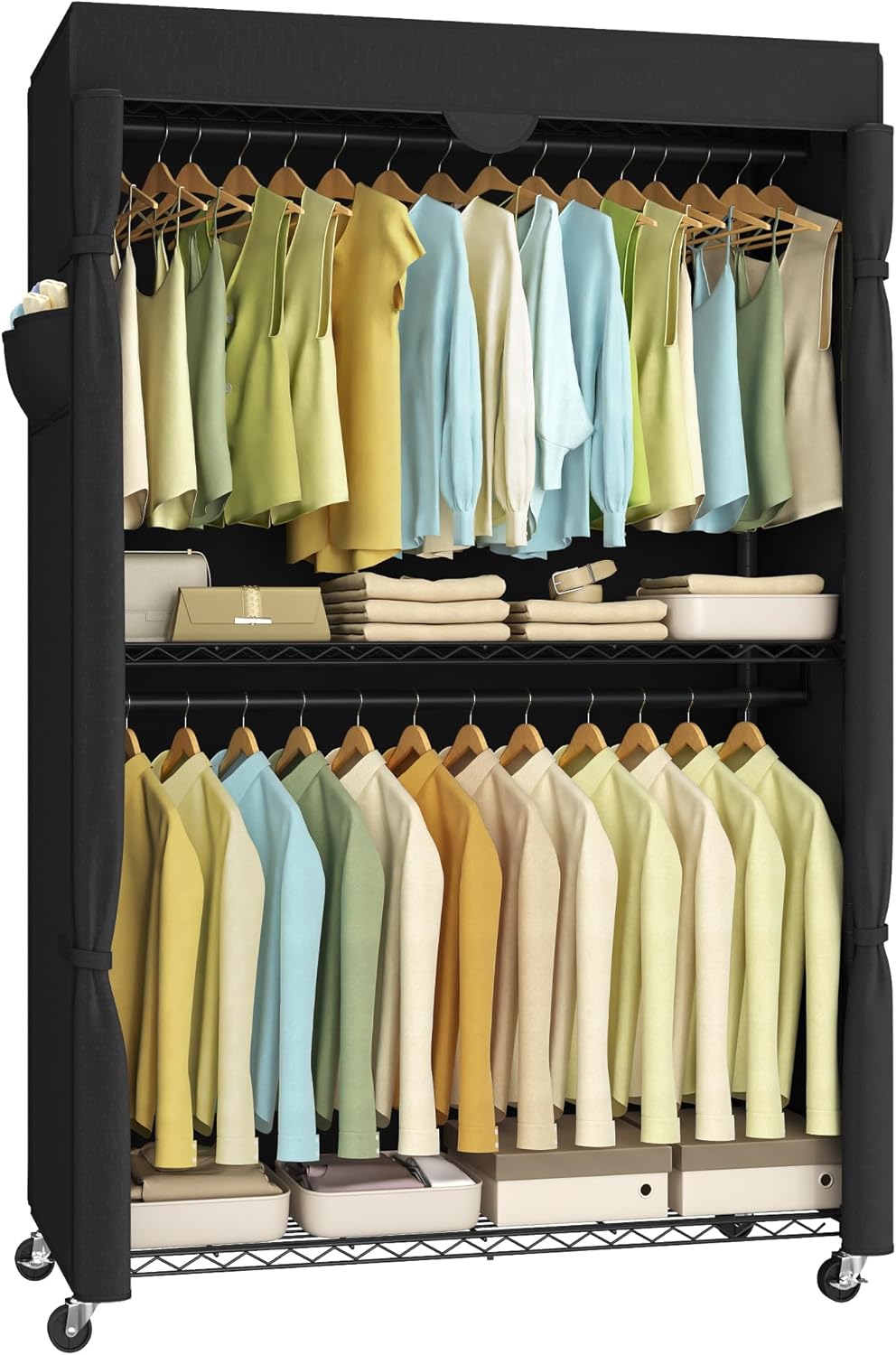 SONGMICS Heavy-Duty Rolling Clothes Rack, Garment Rack, Portable Closet, 43.3-Inch Wide Clothing Rack on Wheels, with Adjustable Mesh Shelves and Hanging Rails, Fabric Cover, Ink Black ULGR415B01