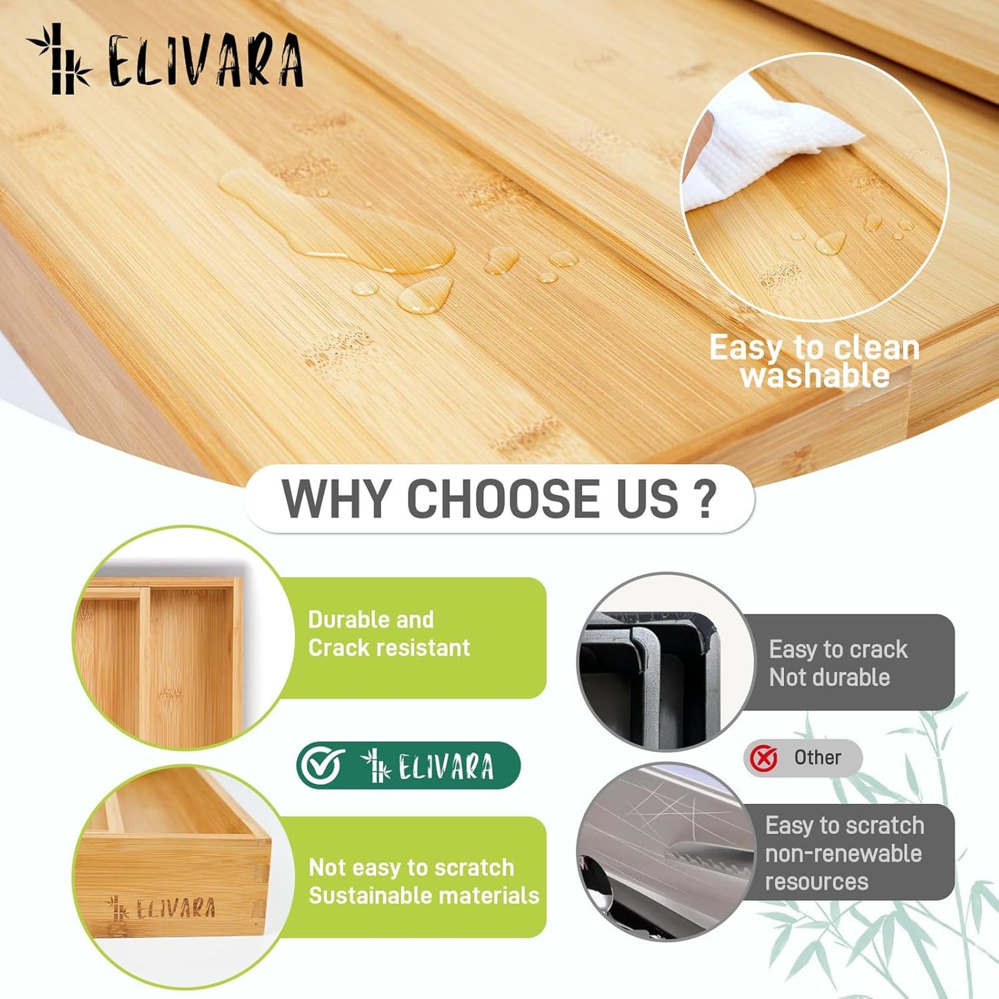 100% Bamboo Expandable Drawer Organizer - Adjustable Utensil and Cutlery Tray for Kitchen, Office, and Bathroom Storage.