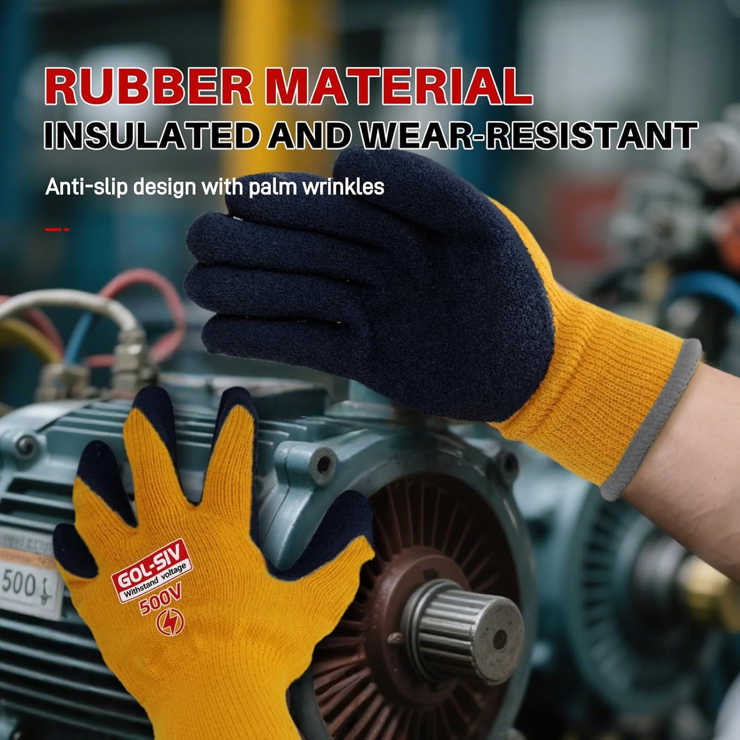 Electrical Insulated Gloves, 500V High Voltage Resistance Electrician Safety Gloves, Rubber Non Slip Work Gloves (500V|Poly-Cotton insulated, Large)