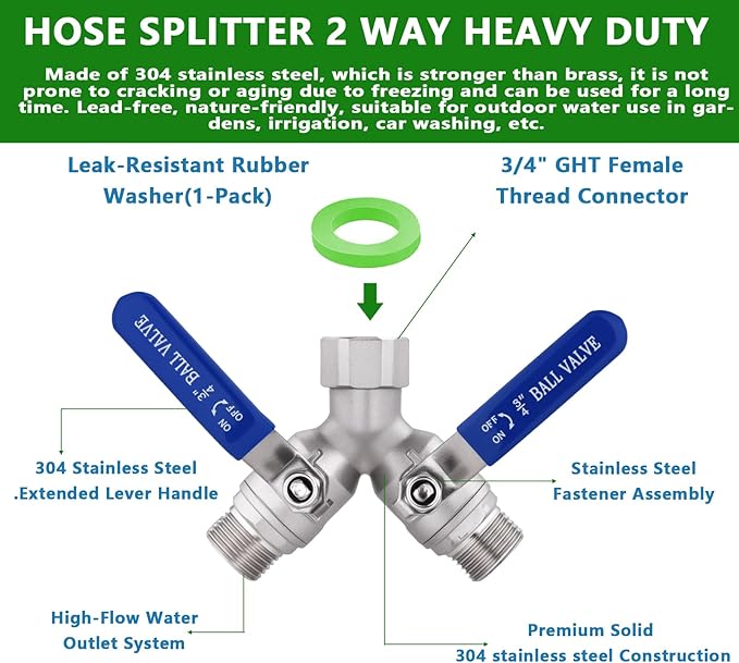 Lead-free Hose Splitter 2 Way Heavy Duty ，304 Stainless Steel Garden Hose Splitter with Long Handle，Outdoor Full Flow Y Valve ，3/4 Inch GHT Thread