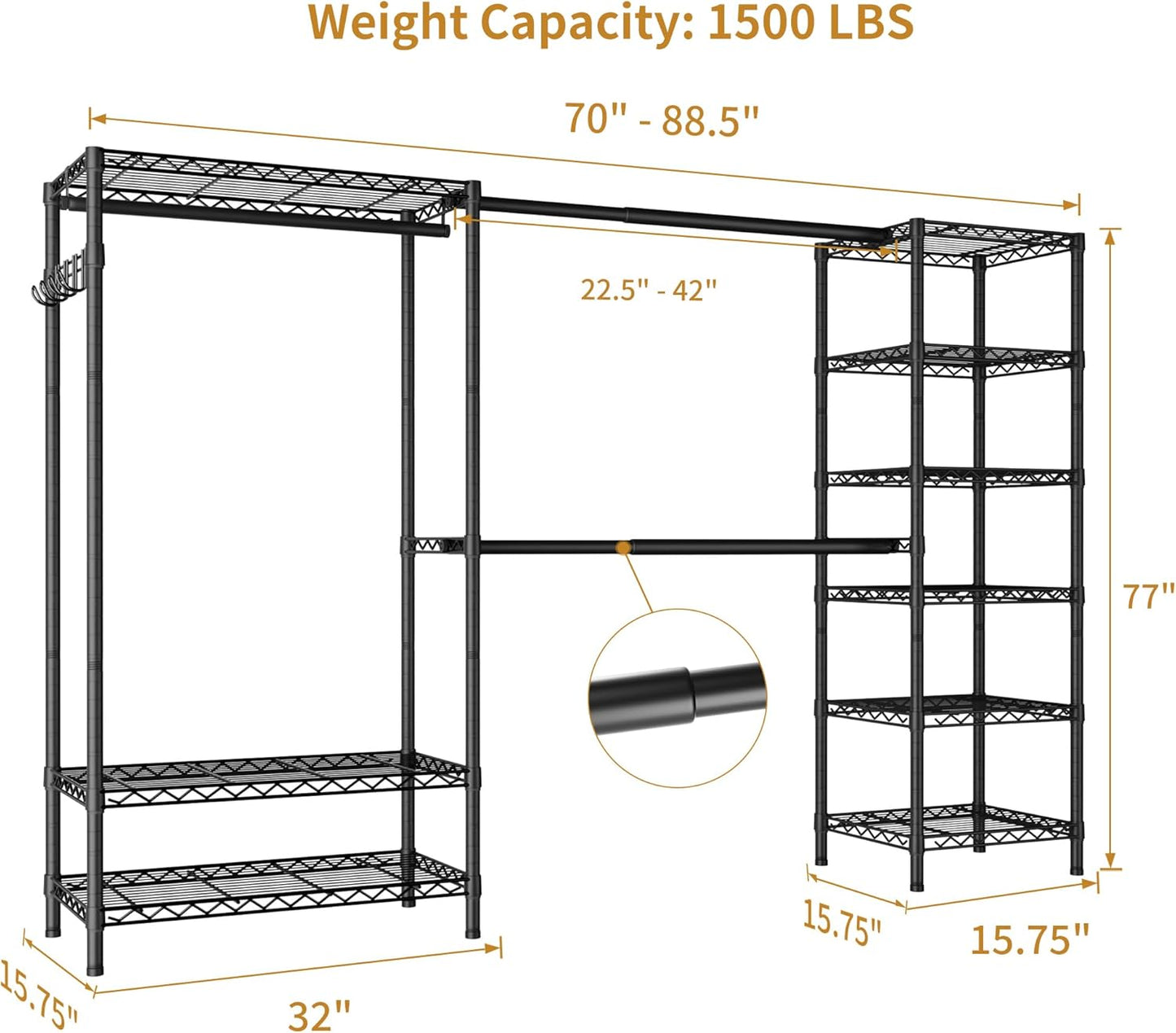 Expandable Heavy Duty Garment Rack Clothes Rack,Large Metal Closet Organizer System Storage Wardrobe,Freestanding Clothing Rack with 9 Adjustable Wire Shelves&3 Hang Rods,MaxLoad 1500lbs
