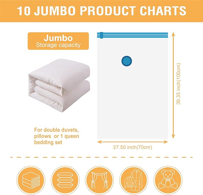 10 Jumbo Vacuum Storage Bags, Space Saver Bags Compression Storage Bags for Comforters and Blankets, Vacuum Sealer Bags for Clothes Storage, Hand Pump Included