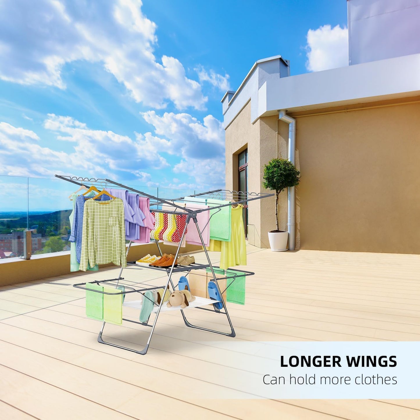 Clothes Drying Rack, Foldable 2-Level Laundry Racks for Drying Clothes Rack,Stainless Steel Drying Rack Clothing Collapsible for Indoor Outdoor,with Height-Adjustable Wings