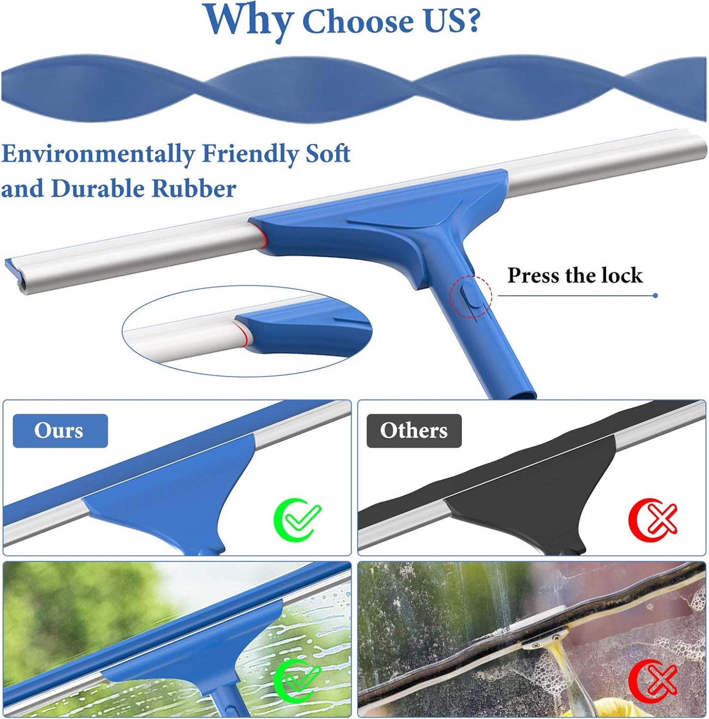 Squeegee for Window Shower Glass Door Cleaning, VOUBIEN Household Squeegee Window Cleaner 2 in 1 Kit with Long Handle, Microfiber Scrubber for Window, Glass Door, Car, Home Floor