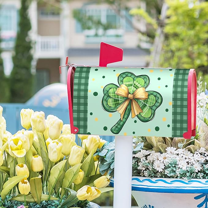 St Patrick's Day Mailbox Cover Magnetic Lucky Clover Shamrocks Holiday Decorative Mail Box Post Covers Leaves Green Plaid Waterproof Letter Box Wraps for Farmhouse Outdoor Garden Decor 21x18 in