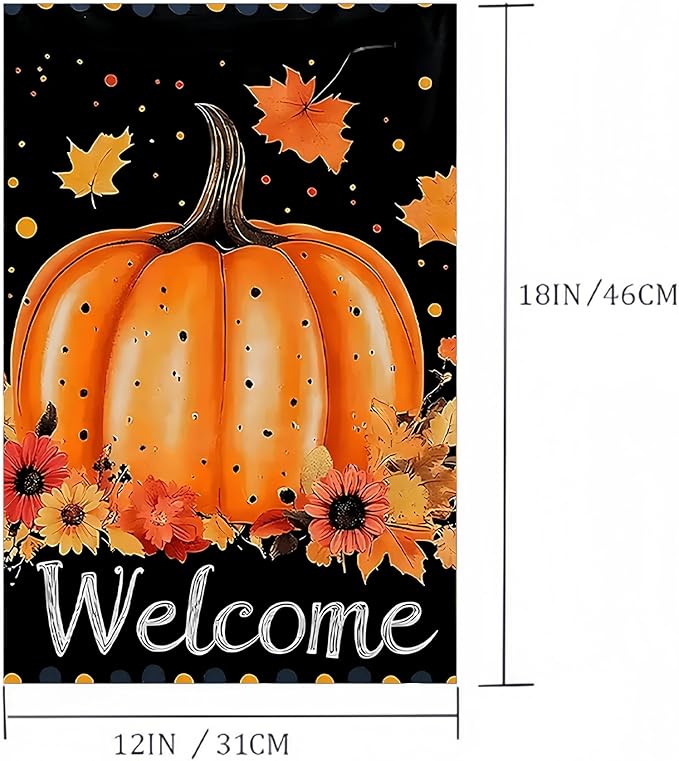 Pumpkin Garden Flag 12X18Inch Double Side,Autumn Maple Leaves Fall Yard flag, Welcome Thanksgiving Outside Small Garden Flag Decorative,Fall Outdoor Flag for Holiday Patio Courtyard