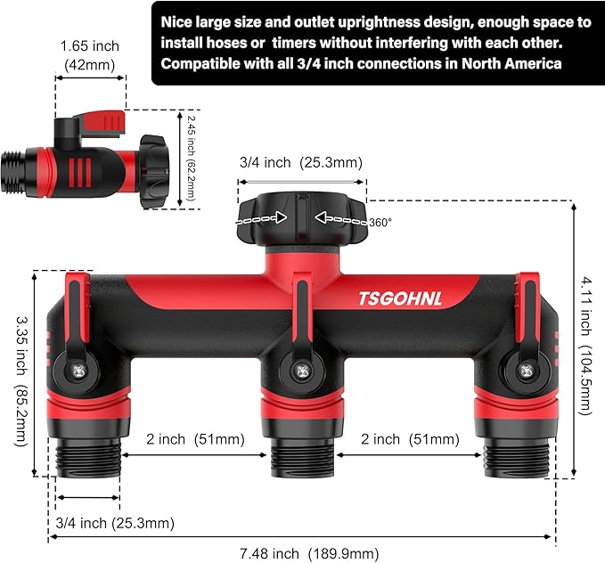 Garden Hose Splitter, 3/4-Inch Hose Manifold, Outdoor Faucet Adapter - Soft TPR Covering - Lightweight Non-Slip Sun-Resistant 3-Way Valve