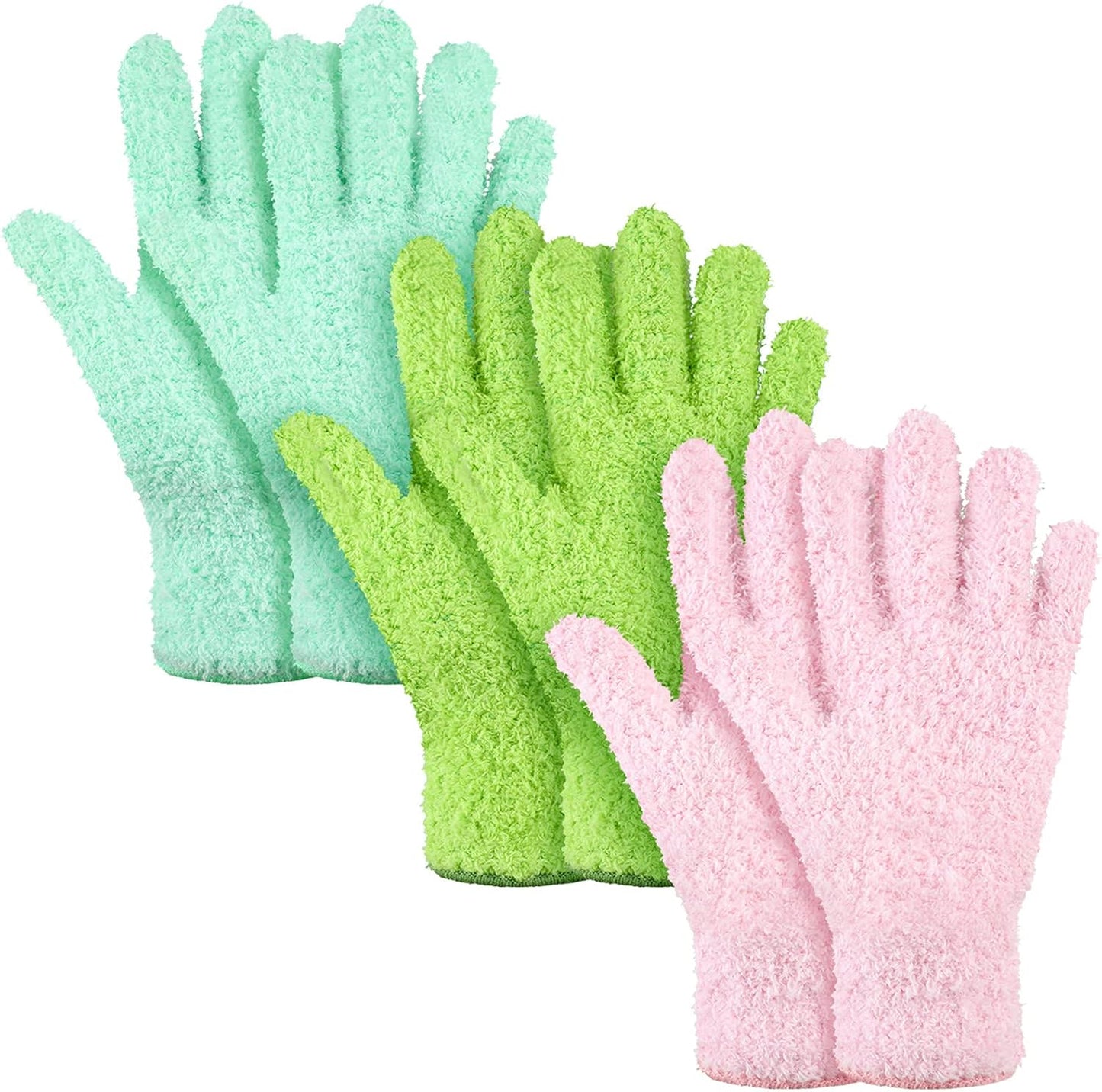Patelai 3 Pairs Microfiber Plant Dusting Gloves Leaf Cleaning Gloves for Indoor Plants, Blinds, Furniture, House (Large,Green Yellow, Water Blue, Pink)