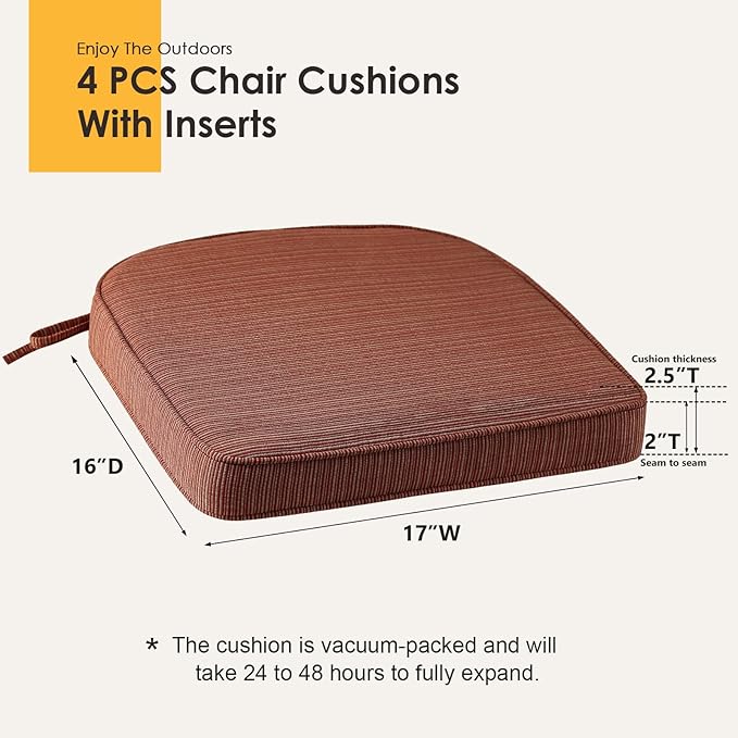 Outdoor Outdoor Round Corner Seat Cushion, 17"x16"x2", Set of 4, Non Slip Seat Cushion Pads with Removable Cover for Patio Furniture, Garden Yard Lawn, Dark Yellow Tan Stripe