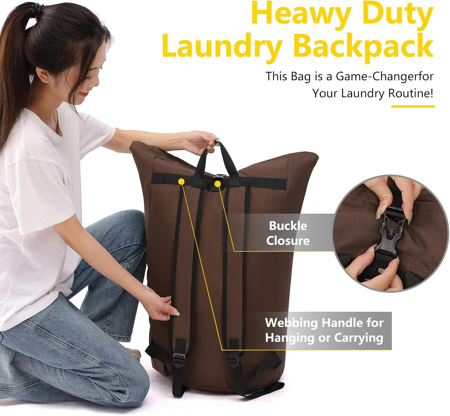 laundry bag backpack,extra-large heavy duty laundry bags,laundry backpack for college students,drawstring closure (Brown)