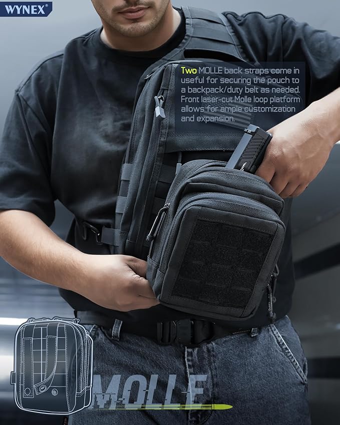 WYNEX Molle Admin Pistol Pouch for Concealed Carry, Tactical EDC Belt Pouch Gun Bag Utility Tool EMT Organizer Pouch Medical CCW with Universal Pistol/Elastic Holster