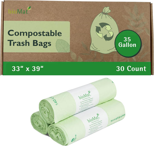 bioMat 35 Gallon Compostable Bin Liners for Food Waste, 30 Count, BPI ASTM D6400 and CMA Certified, Large Compost Bags for Compost Bin