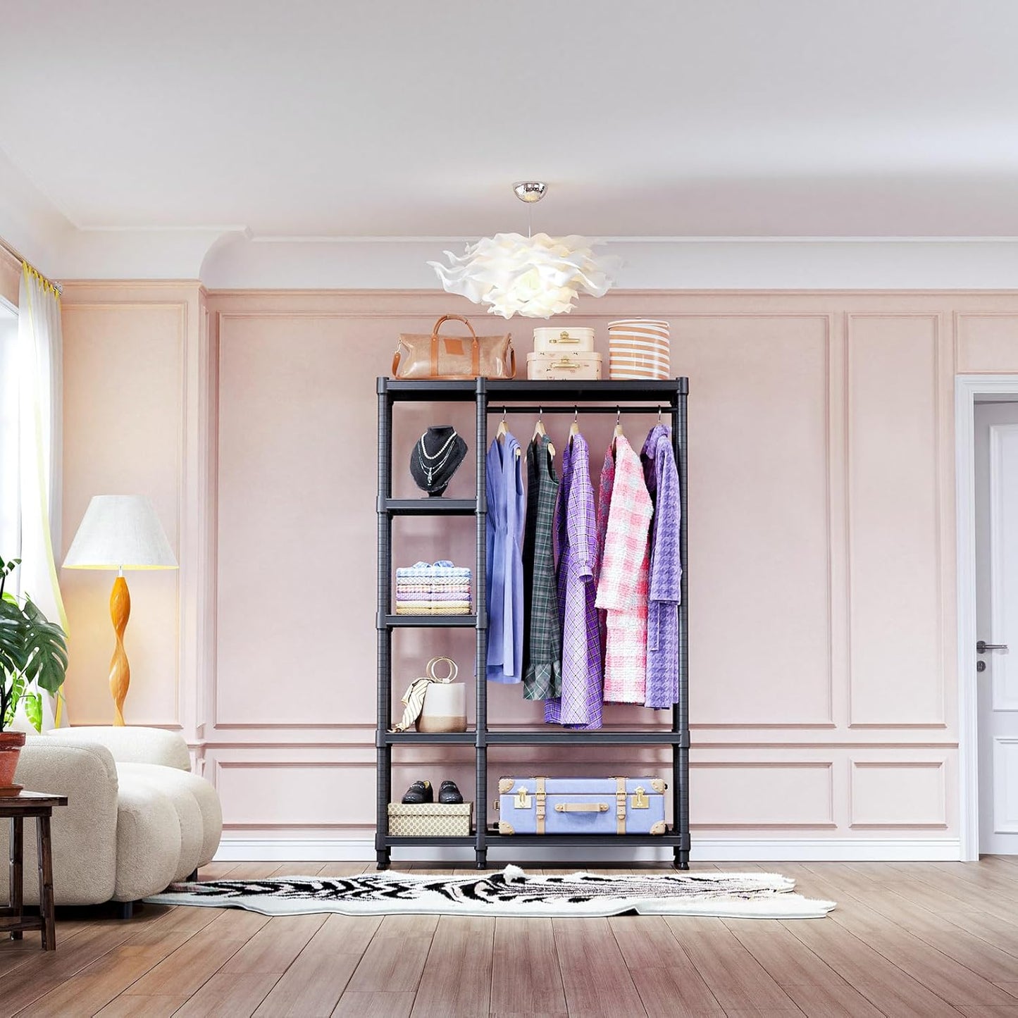 IZEUK Heavy Duty Rolling Garment Rack Wire Clothes Rack for Hanging Clothes, Metal Freestanding Closet Wardrobe Rack with 1 Rod Black 15.4" D x 35" W x 71.5" H