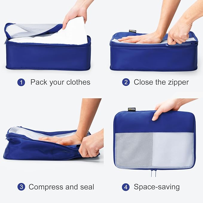 5 Set Compression Packing Cubes for Travel, Space Saving Luggage Organizer Bags (Dark Blue)
