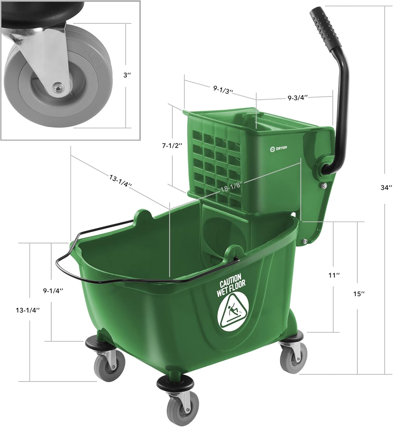Dryser Commercial Mop Bucket with Side Press Wringer, 26 Quart, Green