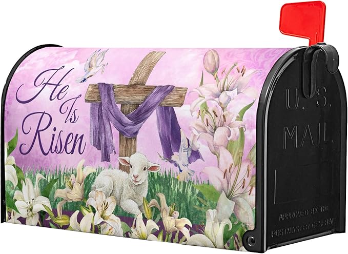 He is Risen Cross Christian Mailbox Cover Magnetic Standard Size 21x18 Inch Spring Easter Letter Box Wrap Religious Lily Floral Sunrise Lamb decorative Dust-Proof Letterbox Covers for Home Garden Yard