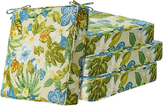 Square Corner Seat Cushions, 19" x 19" x 3", Set of 4, Indoor Outdoor Water Repellent Universal Chair Pads with Ties for Patio Furniture, Garden Dining Chairs, Blue Flower